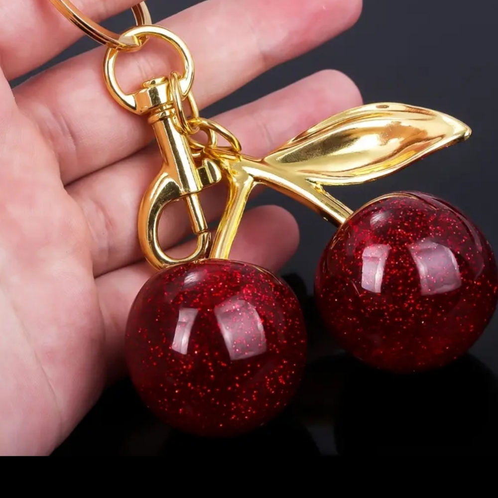 Cherry Keychain High Quality Resin Yellow Gold Hardward Bag Charm Red Cherry 🍒 - Picture 6 of 7